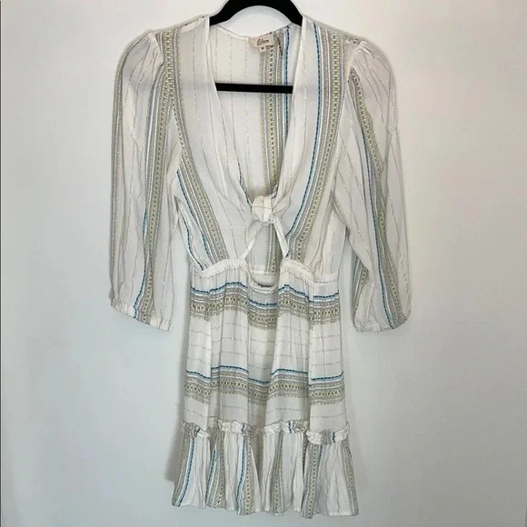 Elan White Striped Plunge V-Neck Tie-Front Puff Sleeve Dress Size Medium - Picture 1 of 5